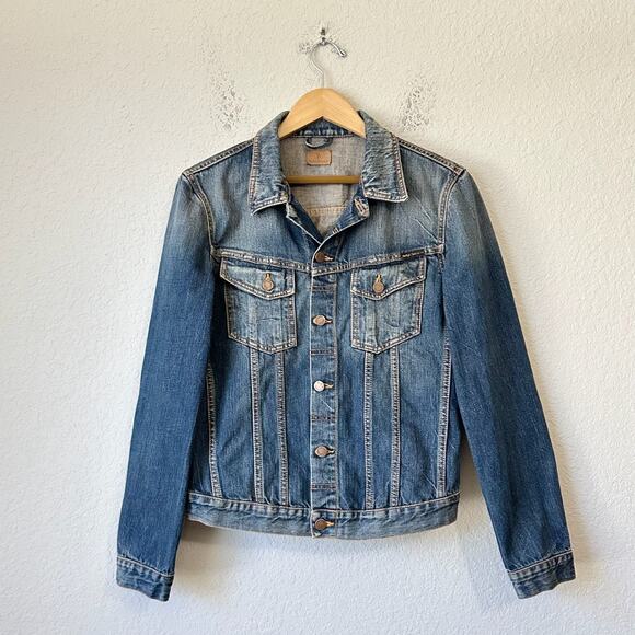 NUDIE JEANS Billy Jacket Blue Denim Cotton Trucker Grunge Moto Biker Y2K - Picture 1 of 10